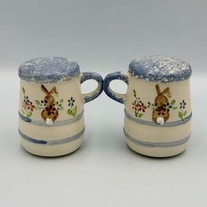 VTG Bunny Rabbit Salt Pepper Shakers 3D Tail Blue Spongeware Floral Easter